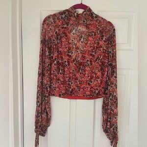 Free People Floral Red Turtle Neck Top